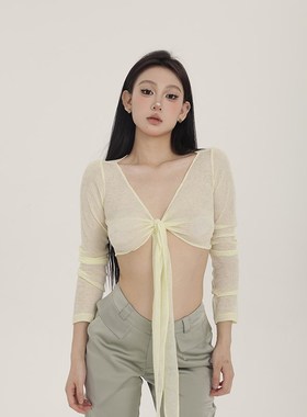 PEMPL黄色半透针织绑带开衫春季V领薄款针织衫修身显瘦短款上衣潮