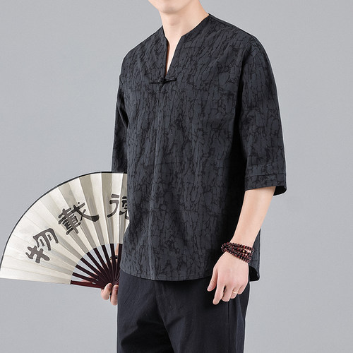 唐装男款短袖t恤男夏季中国风男装中式复古秀禾服爷爷衣服居士服