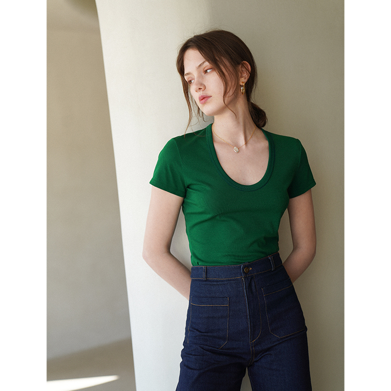 徐莫西法式简约风百搭U型领高弹修身短袖打底衫T恤女夏露锁骨上衣