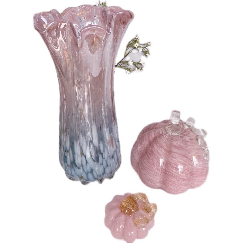 纯手工制作粉蓝点金粉色大白菜造型敞口大型花器水晶料花瓶摆件