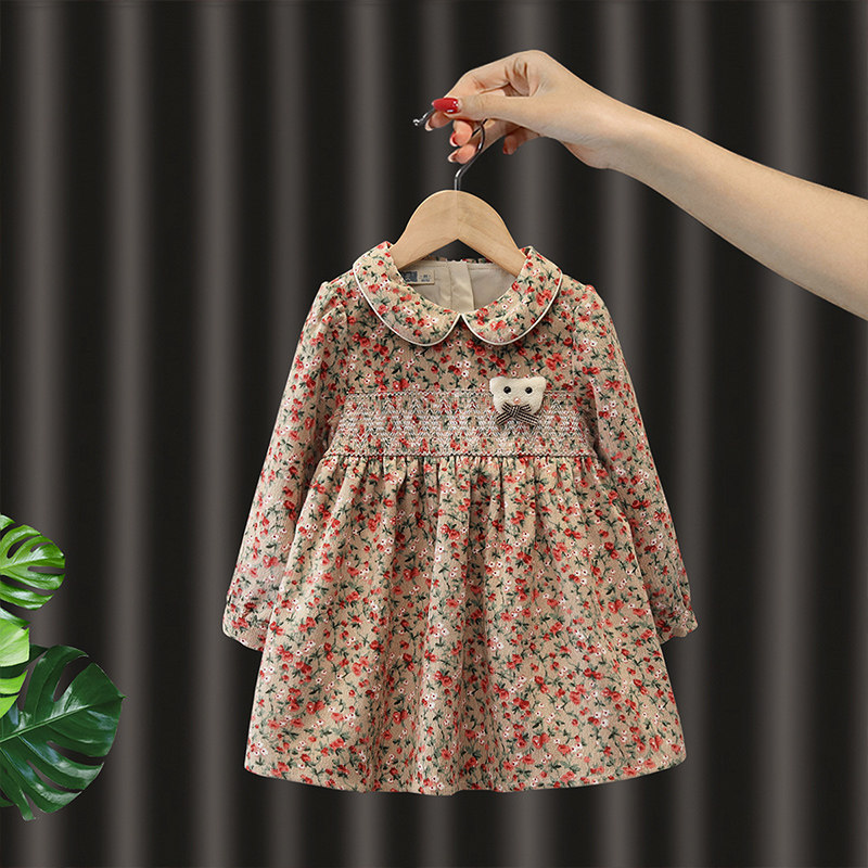 女童连衣裙秋冬2021新款儿童洋气碎花裙宝宝时尚灯芯绒长袖公主裙