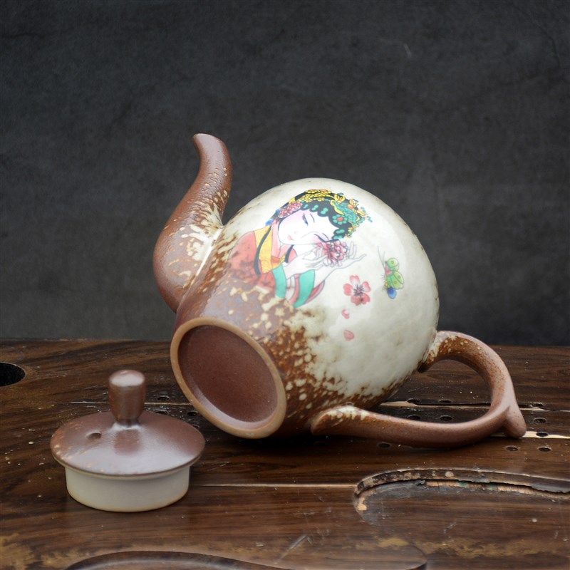 今丰唐复古粗陶日式茶具陶瓷美人肩茶壶仿柴烧单壶泡茶器礼盒包装