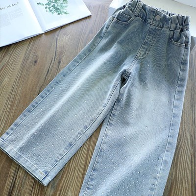 女童直筒牛仔裤2024新款儿童休闲裤女大童阔腿裤女孩秋装喇叭裤子