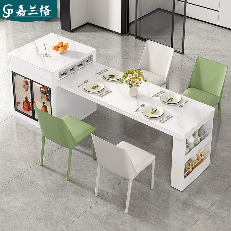 轻奢岛台餐桌一体可伸缩岩板岛台柜家用开放式厨房吧台中岛台9E47