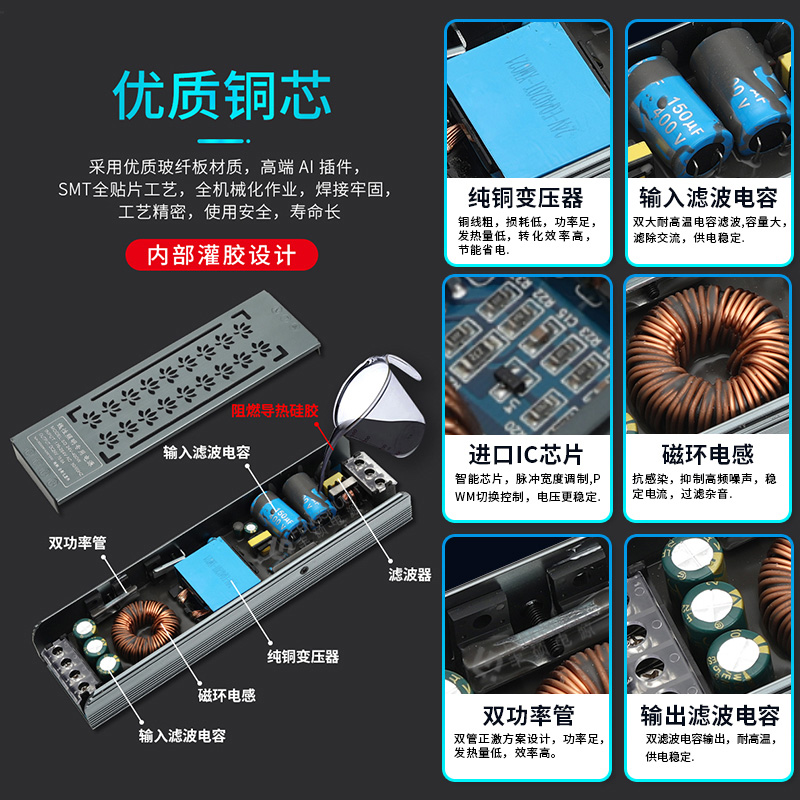 led线型灯变压器24v100w300w220伏转12v长条超薄cob灯带开关电源