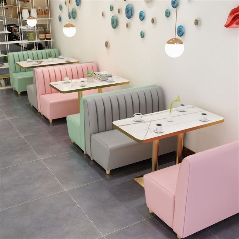 网红奶茶桌椅组合快餐甜品冷饮小吃店汉堡店靠墙沙发卡座铁艺简约