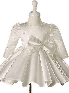 女童白色周岁生日礼服裙秋冬蝴蝶结长袖蓬蓬公主裙花童钢琴连衣裙