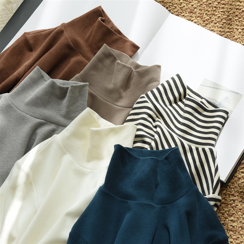 女士双面绒条纹打底衫 高领长袖T恤 保暖上衣秋冬款女装山东网店