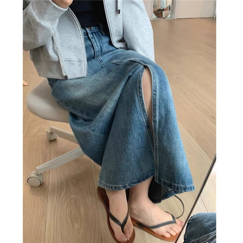 南瓜籽女装定制胖妹妹mm复古做旧牛仔半身裙春夏宽松显瘦开叉长裙