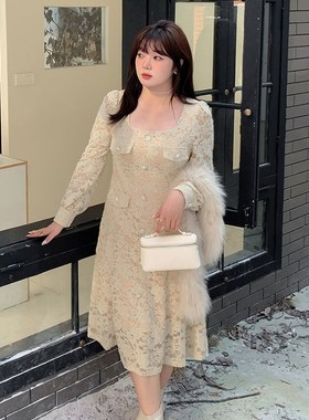 紫色连衣裙2024春季新款220斤胖mm大码法式加绒气质显瘦蕾丝长裙