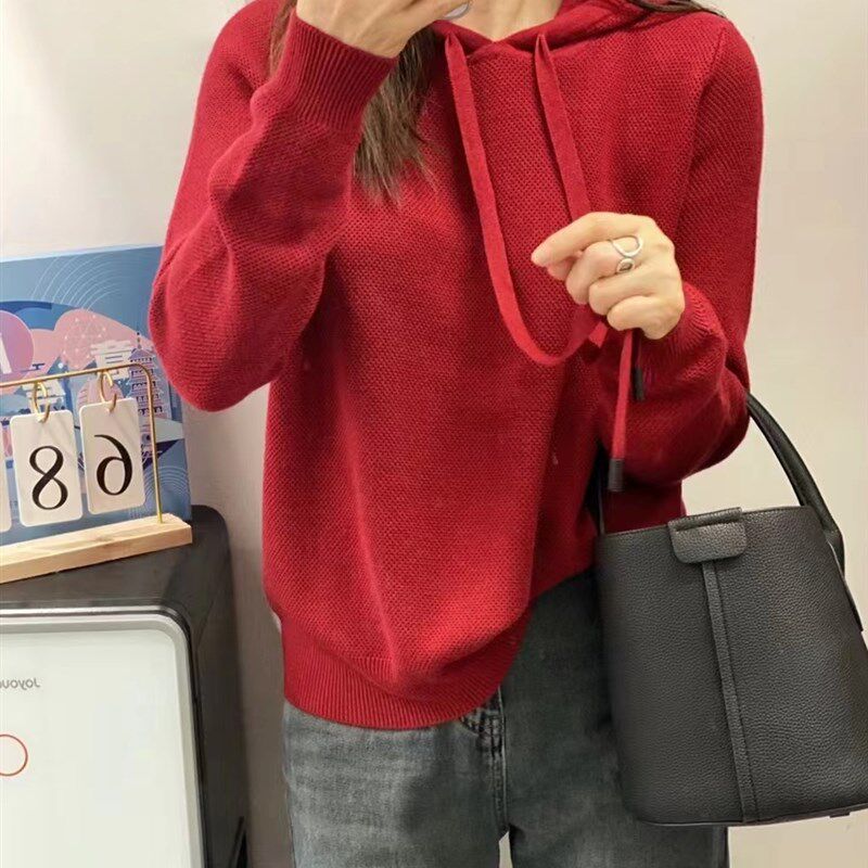 圣仕莲5873 百搭简约加厚细羊毛连帽针织衫套头毛衣帽衫卫衣上衣