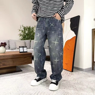 美式复古满面印花牛仔裤男春秋潮牌修身小直筒痞帅耐磨高级感长裤