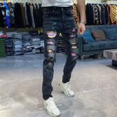 长裤 高端破洞补丁牛仔裤 潮牌修身 小脚男士 男时尚 黑色弹力2026新款