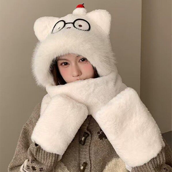 新款蛋糕眼镜小熊毛绒帽一体三件套保暖帽外出神器防风围巾护耳帽