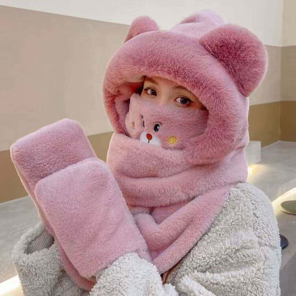 小熊毛绒帽子三件套女秋冬围脖手套一体毛茸茸连帽东北旅游保暖帽