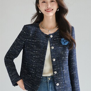 26春季 高奢银色闪片粗花呢山茶花藏青小香风外套25686 曜夜千金