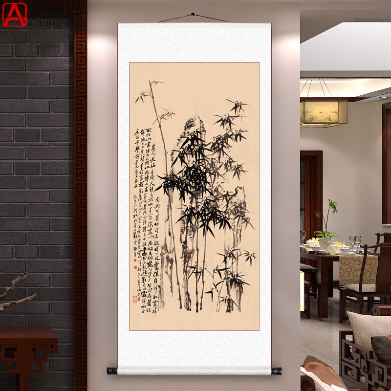 年年有鱼玄关装饰画九鱼图竖版装裱卷轴挂画连年有余进门靠山国画