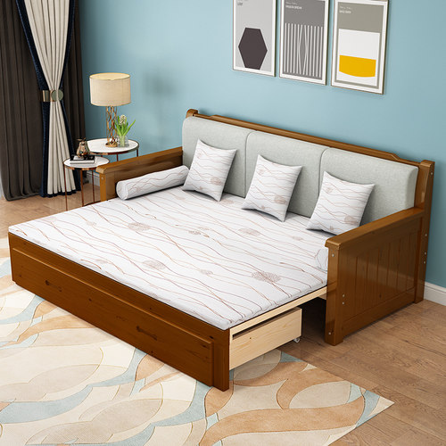 实木沙发床简约小户型松木双人1.5米1.8两用多功能推拉伸缩1.2米