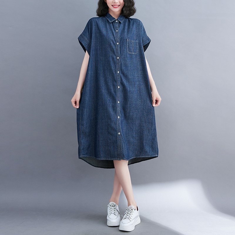 牛仔衬衫连衣裙女夏2024新款宽松大码高级感气质polo领中长款裙子