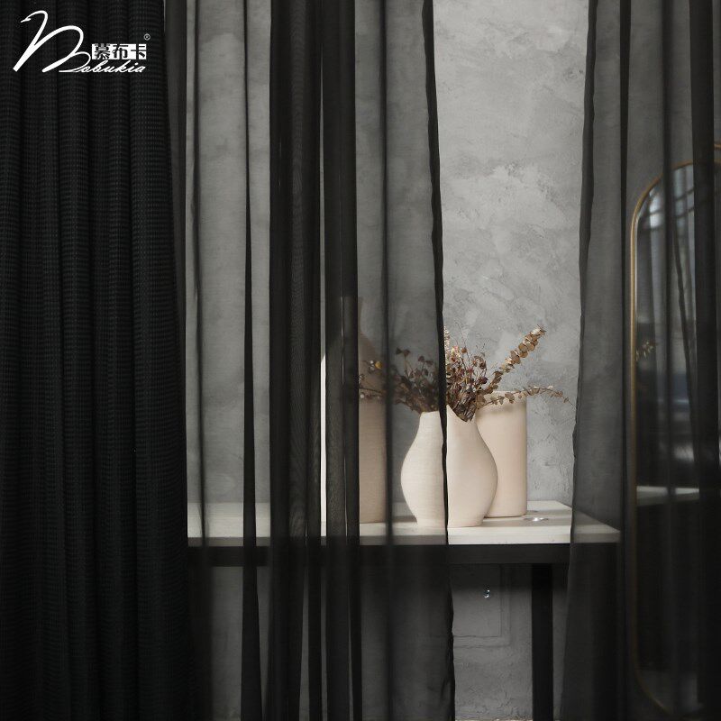 慕布卡窗纱轻奢电动侘寂风卧室客厅飘窗帘黑色简约风透气可定制