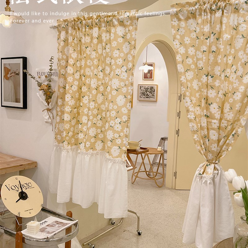 韩式田园美式欧式厨房免打孔短帘小窗帘窗纱帘隔断鹅黄色半帘门帘