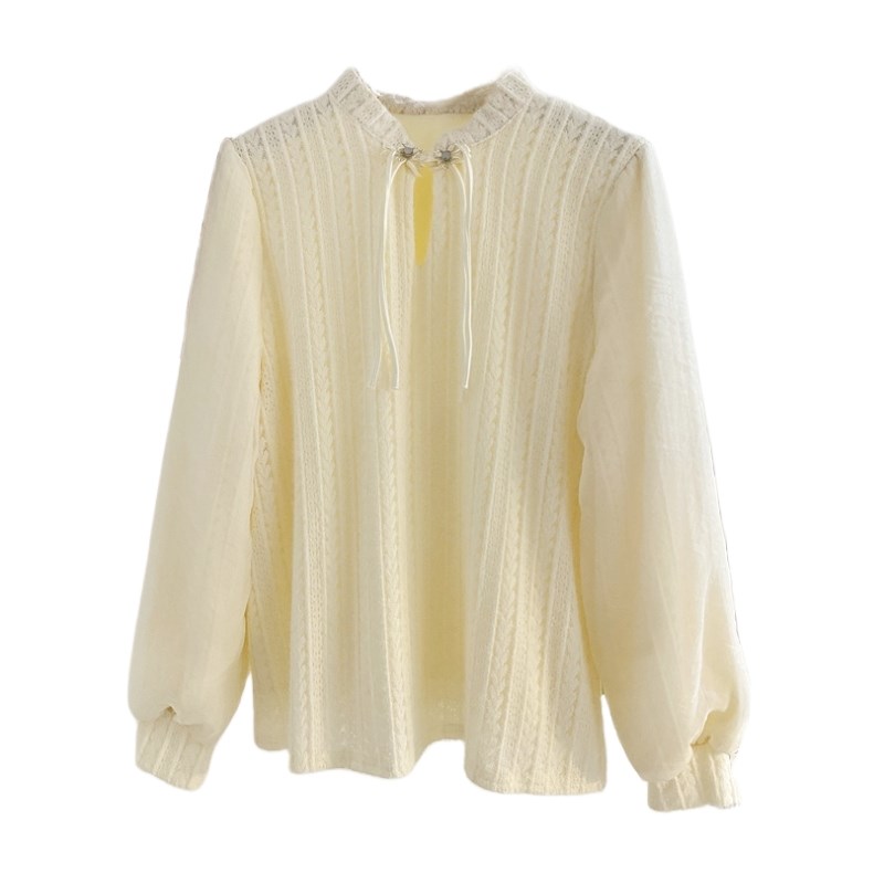 新中式立领盘扣蕾丝衫加绒加厚衬衫女秋冬内搭打底国风小衫上衣杏