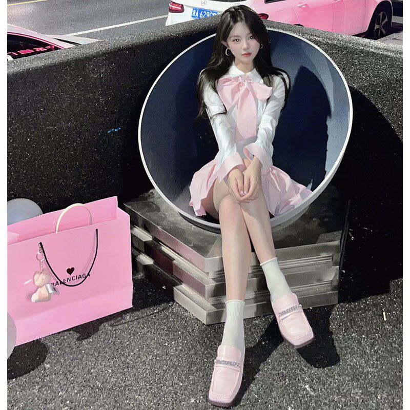 甜美学院风jk套装裙女秋装修身蝴蝶结短款衬衫拼接百褶半裙两件套