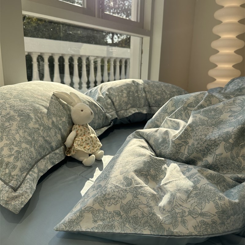 油画田园100支长绒棉床上蓝色四件套1.5m1.8全棉床单被套裸睡丝滑