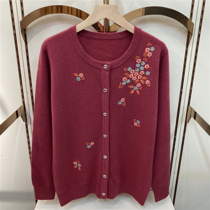 春秋装100纯羊毛开衫妈妈装绣花针织外套冬季羊毛衫中年老人毛衣