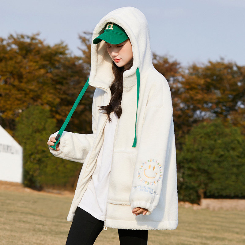 高中生羊羔毛外套2023冬装毛呢上衣连帽初中学生少女棉服加厚棉衣