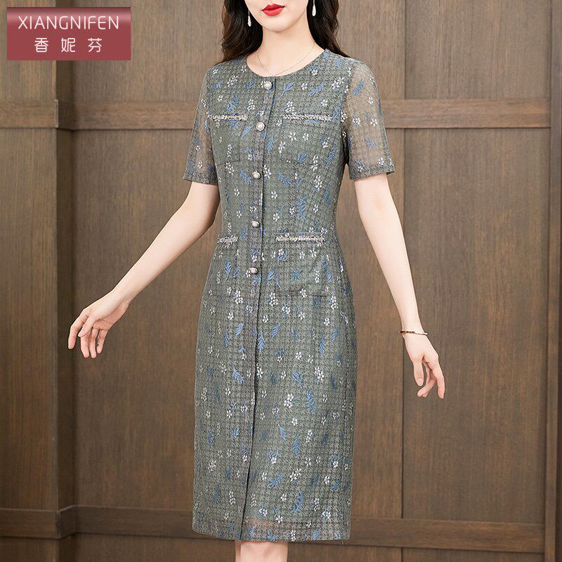 香妮芬气质中年妈妈连衣裙夏装2025新款复古收腰显瘦网纱碎花裙