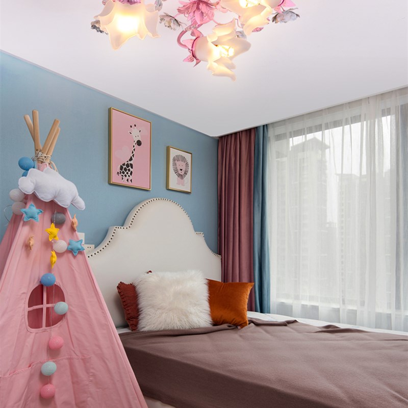 美苑田园花灯粉色公主房女孩卧室吸顶灯铁艺水晶灯LED智能卧室灯