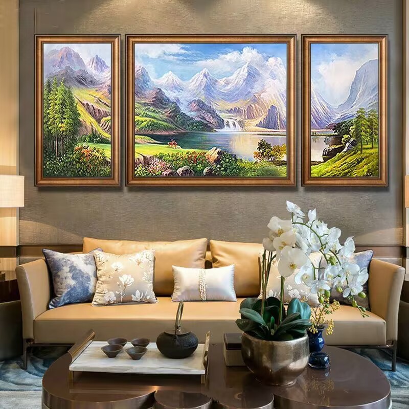 手绘欧式聚宝盆油画客厅装饰画沙发背景墙壁画三联山水风景鹿挂画图片