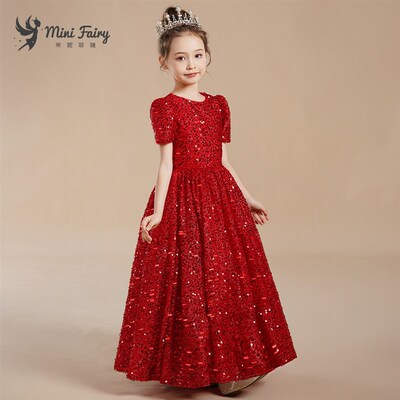 女童红色亮片生日公主裙儿童高端晚礼服中大童短袖钢琴演出服主持