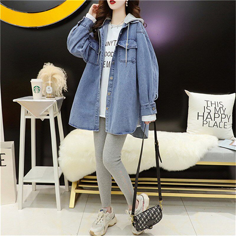 纯棉牛仔外套胖mm大码女装连帽中长款风衣遮屁股假两件巨显瘦上衣