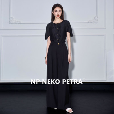 Neko Petra小众设计感斗篷短袖蚕丝衬衫套装女夏垂感阔腿裤两件套