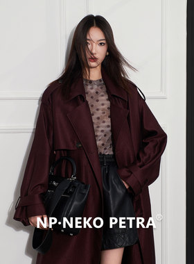Neko Petra高端光泽感安可拉红色风衣女长款宽松显瘦垂感外套春秋