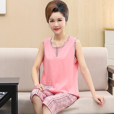 背心睡衣女夏季纯棉中年女士妈妈家居服夏薄款中老年无袖两件套装