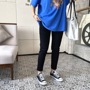 弹力铅笔裤 木木崧立体剪裁黑色牛仔裤 胖MM半松紧腰九分裤 女装 大码