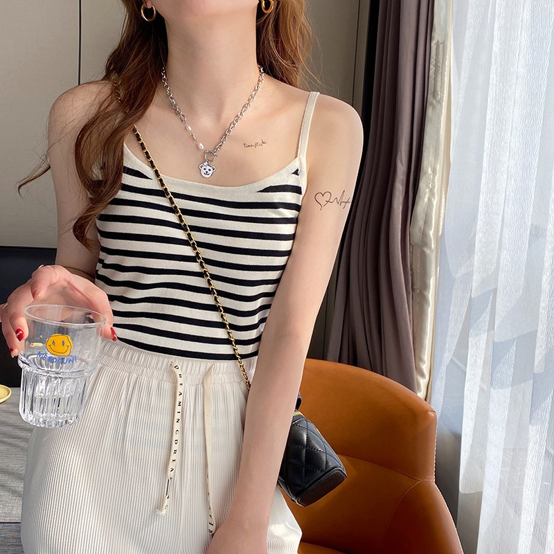 撞色条纹针织吊带打底小背心女夏季外穿修身显瘦内搭短款无袖上衣