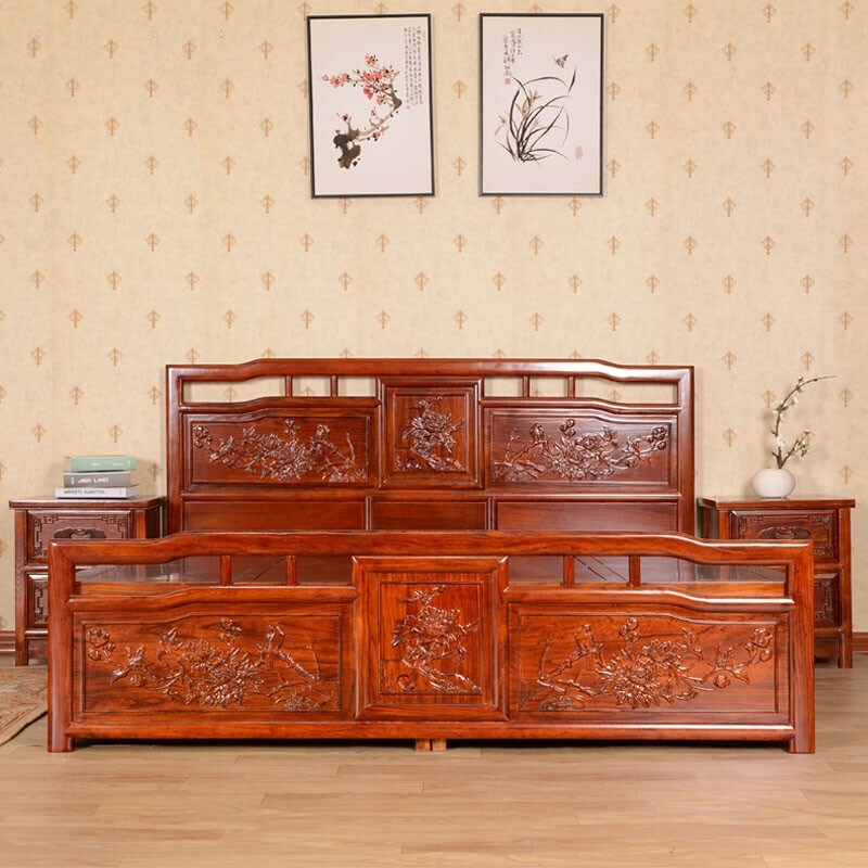 瑞呈堂全实木双人床1.8米榆木简约中式卧室家具带床头柜实木大床