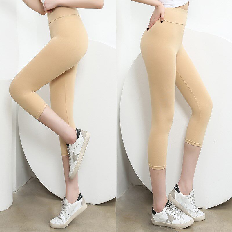 纯棉七分裤女夏薄款外穿打底裤高腰紧身弹力大码胖MM过膝全棉7分