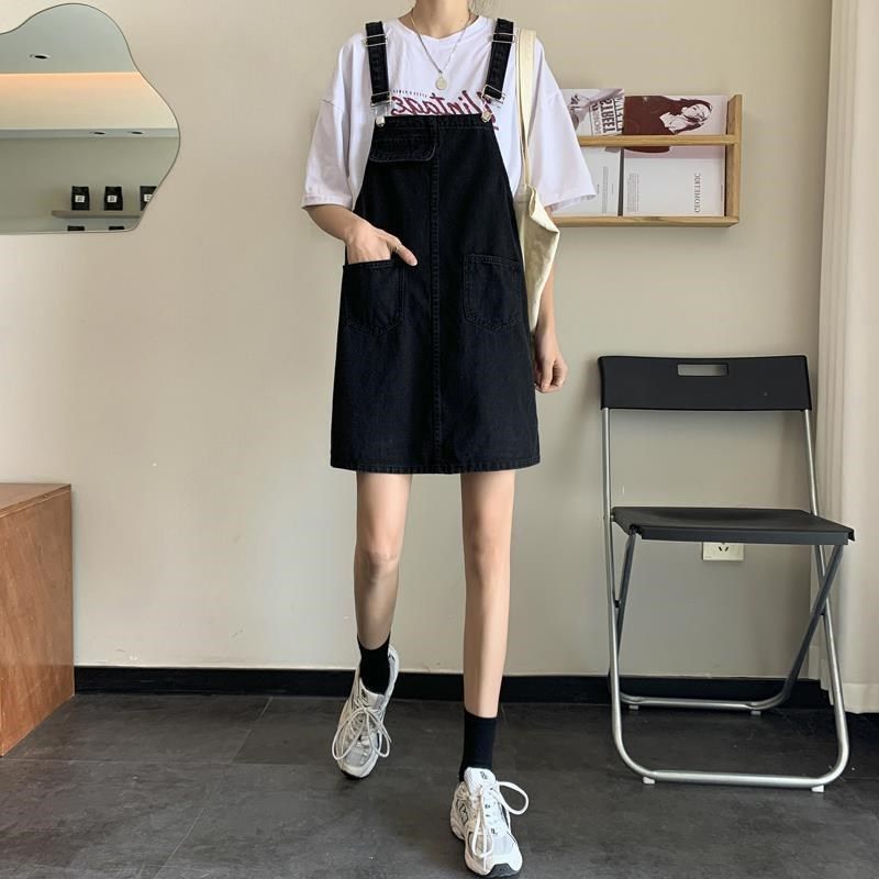 2022春季新款宽松显瘦黑色牛仔背带裙女夏小个子吊带连衣裙短裙子