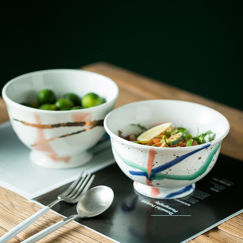 华孚手绘采金创意个性高脚碗汤碗碗米饭碗欧式陶瓷餐具碗单个餐碗