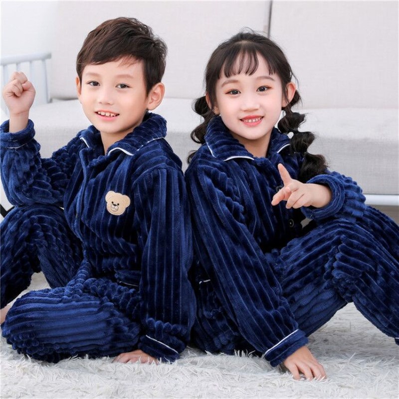 秋冬天儿童珊瑚绒睡衣中大童男童男孩加厚款加绒女童法兰绒家居服