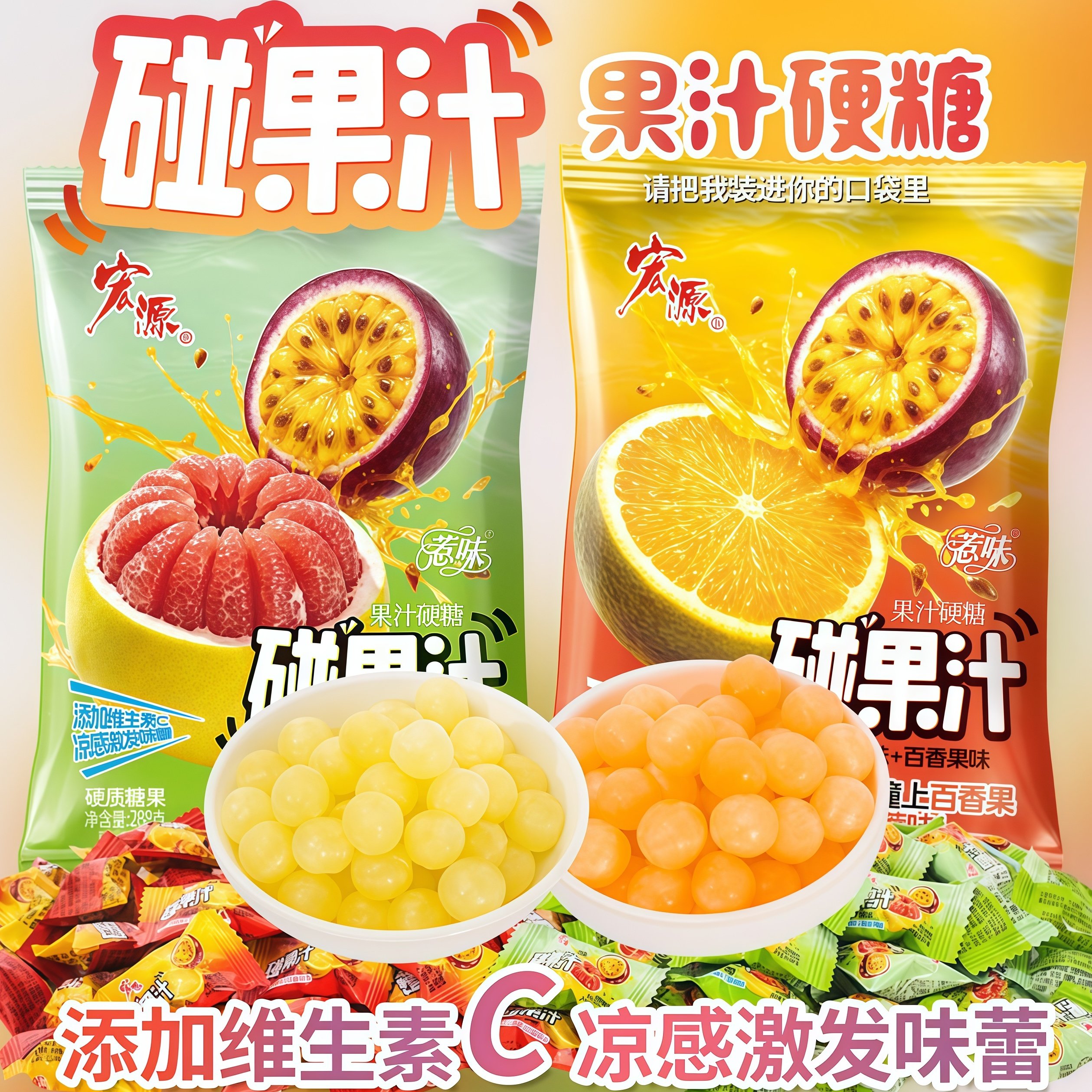 宏源碰果汁288g果汁硬糖橙味沙田柚百香果水果味休闲糖果一糖两味