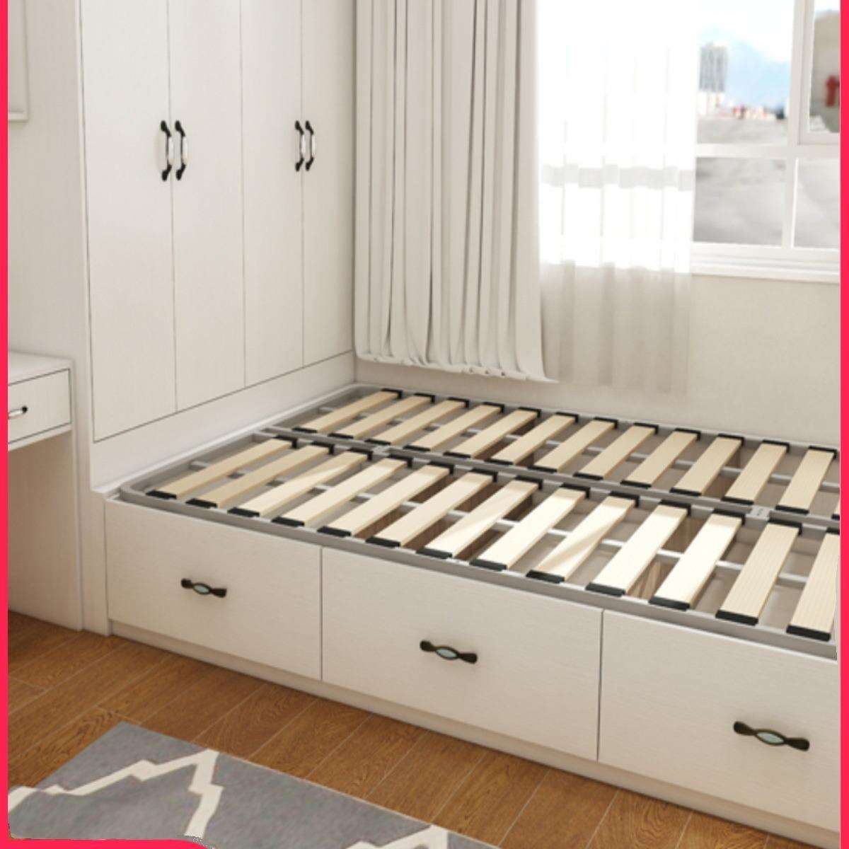 无床头悬浮床现代简约奶油风齐边榻榻米床架无靠背榉木榫卯排骨床