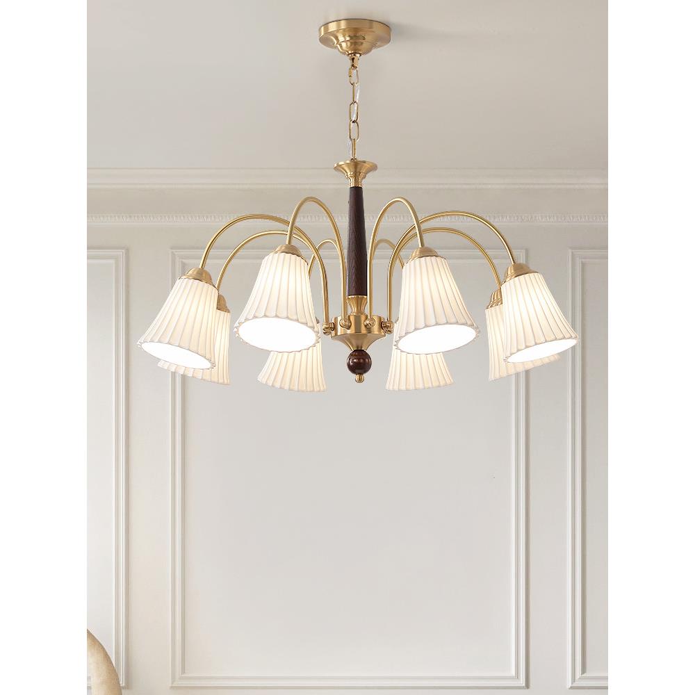 法式复古客厅吊灯奶光陶瓷卧室灯胡桃木全铜美式灯中古设计餐厅灯