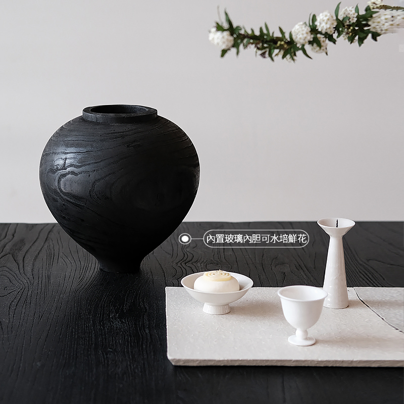 侘寂中古圆形花瓶木质水养鲜花插花客厅餐桌装饰摆件轻奢高级黑色