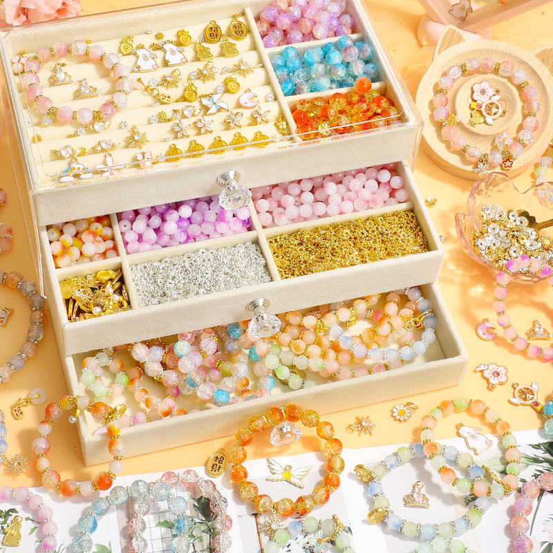 串珠手工diy材料儿童玩具女孩自制手錬穿珠N子女童的Y琉璃手串配